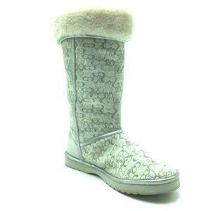 Coach Nikole Women's Mid Calf Boot Canvas Silver Metallic Size: 7